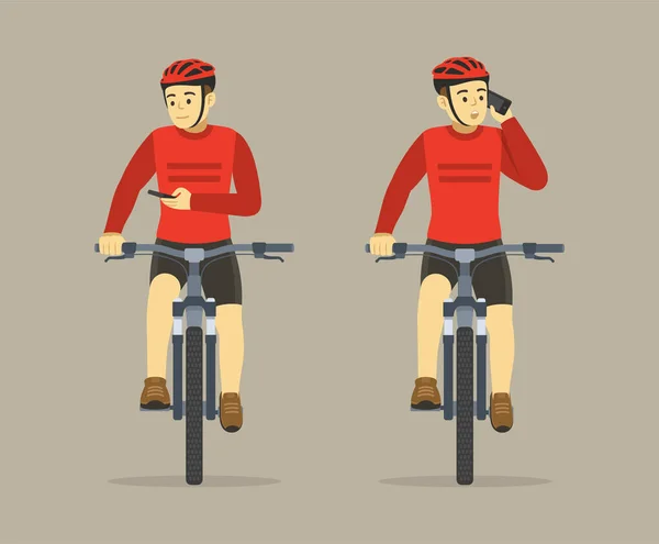 Isolated Young Man Uses Mobile Phone While Bicycle Riding Cyclist — Image vectorielle