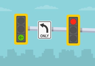 Traffic regulations. Close-up view of a traffic signal and left lane 