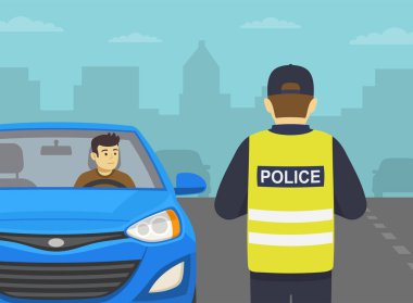 Trafik polisi şehir yolunda mavi bir sedan arabayı kenara çekti ve ehliyetini kontrol etti. Genç erkek sürücü polis memuruna bakıyor. Ön manzara. Düz vektör resimleme şablonu.