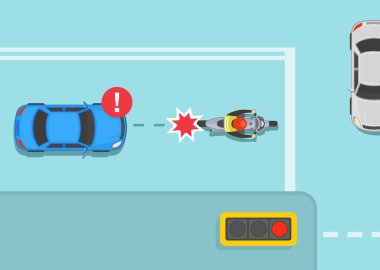 Safe motorcycle riding rules and tips. Rear end crash at traffic signal. Car collision with stopped motorcycle on junction. Top view. Flat vector illustration template.