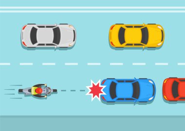 Safe motorcycle riding rules and tips. Rear end crash in traffic jam. Motorcycle collision with standing car. Top view. Flat vector illustration template.