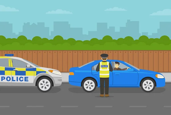 Traffic Police Officer Pulls Blue Sedan Car City Road Police — Stockvector