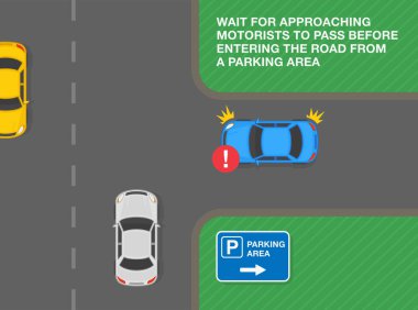 Safe driving tips and traffic regulation rules. Wait for approaching motorists to pass before entering the road from a parking area. Top view. Flat vector illustration template.
