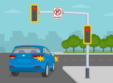 Safe driving tips and traffic regulation rules. Give way rules at traffic lights. Suv car making the right turn on 