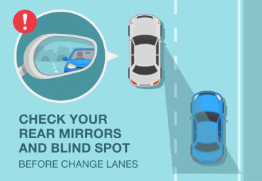 Safe driving rules and tips. Check your mirrors and blind spot before change lanes. Close-up view of a vehicle wing mirror. Top view. Flat vector illustration template.