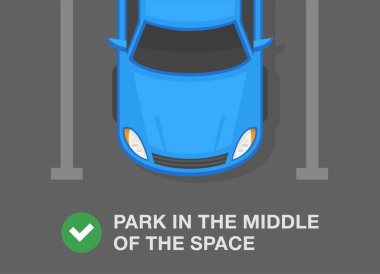 Outdoor parking rules and tips. Top view of a correct parked car. Close-up view of a perpendicular parking lot. Park your car in the middle of the space. Flat vector illustration template.