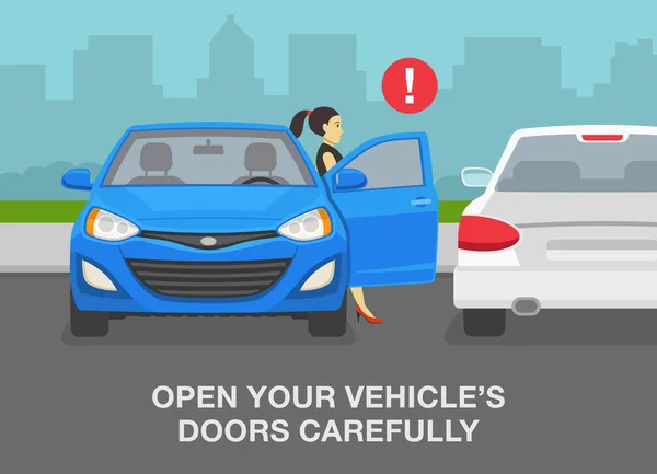 Safe Parking Tips Rules Open Your Vehicle Doors Carefully Front — Vettoriale Stock