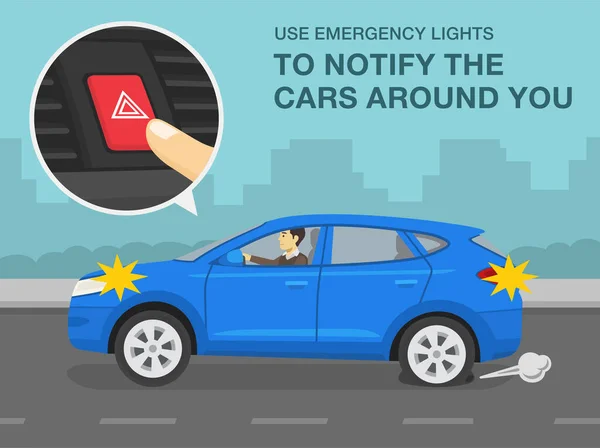 Safe Driving Tips Traffic Regulation Rules Punctured Rear Wheel Flat — Archivo Imágenes Vectoriales