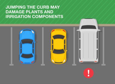 Safe parking tips and rules. Top view of a perpendicular parked cars. Jumping the curb may damage plants and irrigation compontents. Flat vector illustration template.