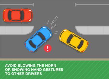 Safe parking tips and rules. Top view of a perpendicular parking. Avoid blowing the horn or showing hand gestures to other drivers. Flat vector illustration template.