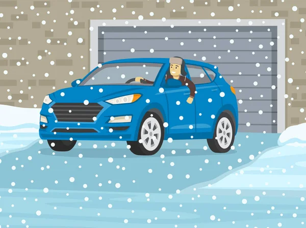 Driving Car Winter Conditions Young Driver Driving Suv Looking Open — Stockvector
