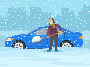 Driving a car in winter conditions. Man with shovel cleaning car stuck in snow. Side view of a car covered with snow. Flat vector illustration template.