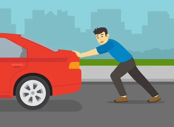 Safe Driving Tips Rules Young Man Pushing Broken Red Car — Stockvector