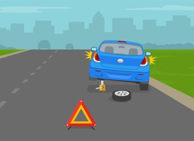 Back view of broken blue car. Changing flat tire using car jack. Red breakdown triangle stands behind the broken car on road side. Flat vector illustration template.