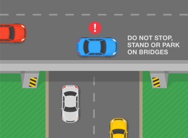 Outdoor parking tips and traffic regulation rules. Do not stop, stand or park on bridges. Top view of an overpass. Flat vector illustration template.