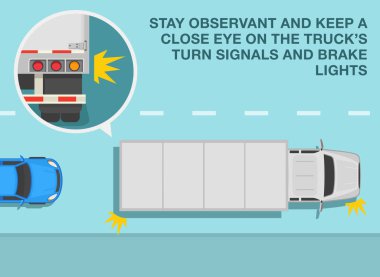 Safe driving tips and traffic regulation rules. Stay observant and keep a close eye on the truck turn signals and brake lights. Top view of traffic flow. Flat vector illustration template.