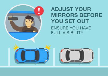 Safe driving tips and traffic regulation rules. Adjust your mirrors before you set out, ensure you have full visibility. Male driver adjusting rear mirror in a car. Flat vector illustration template.