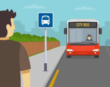 Genç erkek karakter belediye otobüsünü bekliyor. Otobüs durağındaki bir yolcunun arka görüntüsü. Düz vektör resimleme şablonu.
