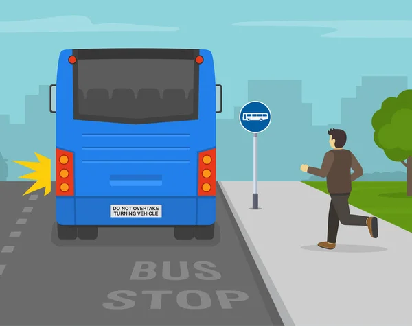 Mladý Muž Běží Městským Autobusem Zadní Pohled Pasažéra Autobusové Zastávce — Stockový vektor