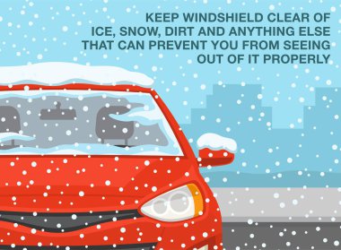 Güvenli araba kullanma kuralları ve bahşişler. Kış sezonu sürücüsü. Ön camı buzdan, kardan, çamurdan ve onun dışını görmeni engelleyecek her şeyden uzak tut. Düz vektör illüstrasyonu.