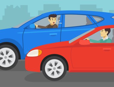 Güvenli sürüş ipuçları ve trafik kuralları. Bağıran bir erkek sürücünün yakın çekimi. Arabanın camından sarkan genç adam. Sürücüler arasında yol kavgası. Düz vektör resimleme şablonu.