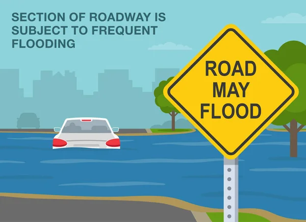 安全驾驶技巧和交通规则 部分淹没在水淹的道路上的汽车 这段公路经常被水淹 平面矢量图解模板 — 图库矢量图片