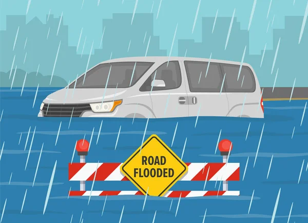 Zaplavená Silnice Deštivé Povětrnostní Podmínky Částečně Ponořené Auto Výstražná Značka — Stockový vektor