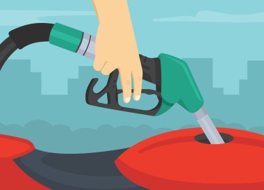 Benzin istasyonu tabancasını dolduruyorum. Rafineri yakıt ikmali, petrol tankı servis aracı. Motosiklet benzin deposunu dolduruyorum. Düz vektör illüstrasyonu.