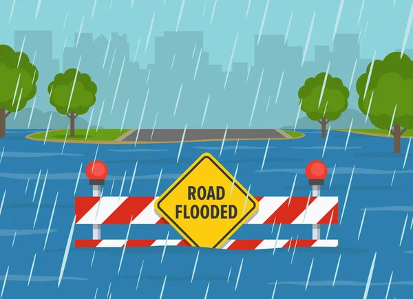 Flooded Road Rainy Weather Conditions Partially Submerged Warning Sign Barrier — Stock Vector