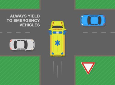 Güvenli sürüş ipuçları ve trafik kuralları. Her zaman kavşaktaki acil durum araçlarına yol verin. Ambulans aracı kavşakta öncelikli işaretlerle ilk olarak gidecek. Düz vektör resimleme şablonu.