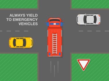 Güvenli sürüş ipuçları ve trafik kuralları. Her zaman kavşaktaki acil durum araçlarına yol verin. İtfaiye aracı kavşakta yol işareti ile ilk gidecek. Düz vektör resimleme şablonu.