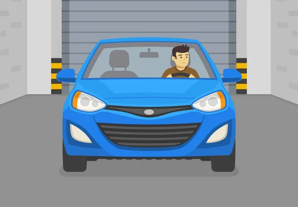 Jag Kör Bil Framsidan Blå Bil Garaget Inomhus Parkering Inomhus — Stock vektor