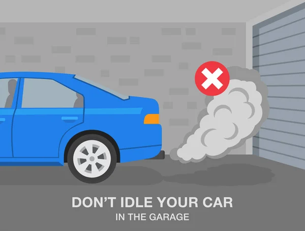 安全な運転のヒントとルール ガレージで車をアイドル状態にしないでください 閉じられたゲートとガレージで青い車のアップ 平面ベクトル図テンプレート — ストックベクタ