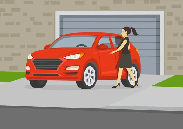 車を運転する 若い女性ドライバーフロントSuv車のドアを開きます 道路上の赤いSuv車 平面ベクトル図テンプレート — ストックベクタ