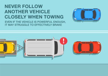 İçinde araç olan açık bir nakliye karavanı. Çekilirken asla başka bir aracı yakından takip etme. Şehir yolunun üst görüntüsü.