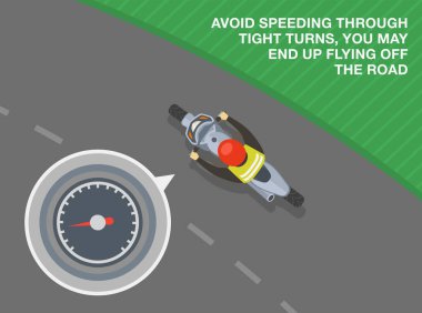Güvenli motosiklet sürme kuralları ve bahşişler. Dar virajlardan hızlı geçmekten kaçının, sonunda yoldan çıkabilirsiniz. Dönüşe geçen bir motorcunun en üst görüntüsü. Düz vektör resimleme şablonu.