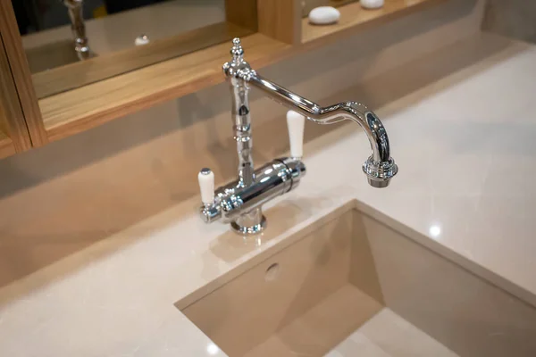 Luxury Water Tap Stone Sink Close Photo Selective Focus — Stock Photo, Image