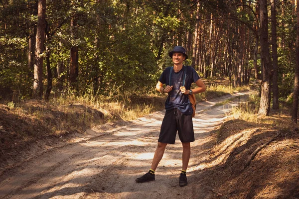 Young Handsome Man Joyful Smile Walking Outdoors National Park — Stock Photo, Image