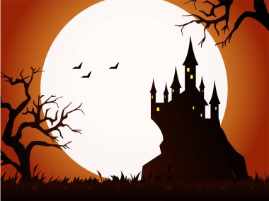 Gece kalenin tasarımı, gökyüzünde Nat, gece cadılar bayramı, geceleri korkunç ev.