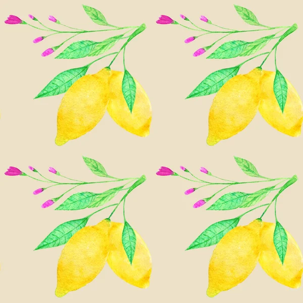 Aquarell Zitronen setzen nahtlose Muster von Hand gezeichnet — Stockfoto