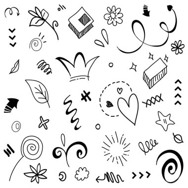 El çizimi elementler. Kavram tasarımı için soyut oklar, kurdeleler ve diğer elementler elle çizilmiş. Doodle vektör illüstrasyonu