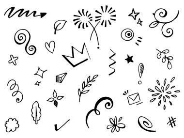 El çizimi elementler. Kavram tasarımı için soyut oklar, kurdeleler ve diğer elementler elle çizilmiş. Doodle vektör illüstrasyonu