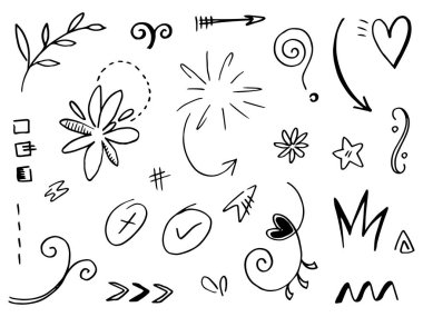 El çizimi elementler. Kavram tasarımı için soyut oklar, kurdeleler ve diğer elementler elle çizilmiş. Doodle vektör illüstrasyonu