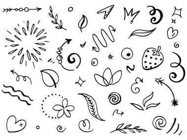 El çizimi elementler. Kavram tasarımı için soyut oklar, kurdeleler ve diğer elementler elle çizilmiş. Doodle vektör illüstrasyonu