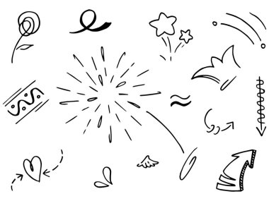 El çizimi elementler. Kavram tasarımı için soyut oklar, kurdeleler ve diğer elementler elle çizilmiş. Doodle vektör illüstrasyonu