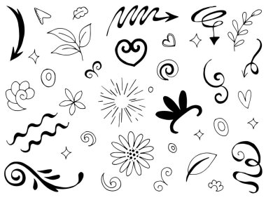 El çizimi elementler. Kavram tasarımı için soyut oklar, kurdeleler ve diğer elementler elle çizilmiş. Doodle vektör illüstrasyonu