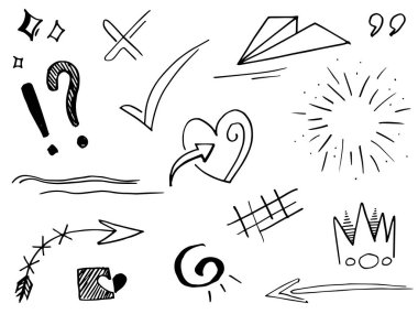 El çizimi elementler. Kavram tasarımı için soyut oklar, kurdeleler ve diğer elementler elle çizilmiş. Doodle vektör illüstrasyonu