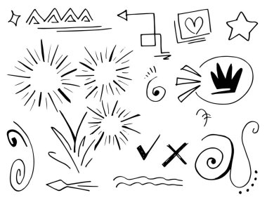 El çizimi elementler. Kavram tasarımı için soyut oklar, kurdeleler ve diğer elementler elle çizilmiş. Doodle vektör illüstrasyonu