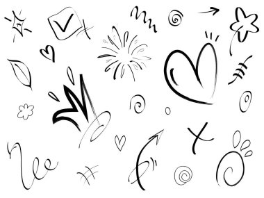 El çizimi elementler. Kavram tasarımı için soyut oklar, kurdeleler ve diğer elementler elle çizilmiş. Doodle vektör illüstrasyonu