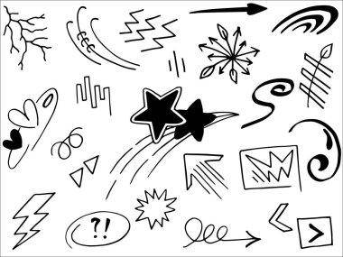 El çizimi elementler. Kavram tasarımı için soyut oklar, kurdeleler ve diğer elementler elle çizilmiş. Doodle vektör illüstrasyonu